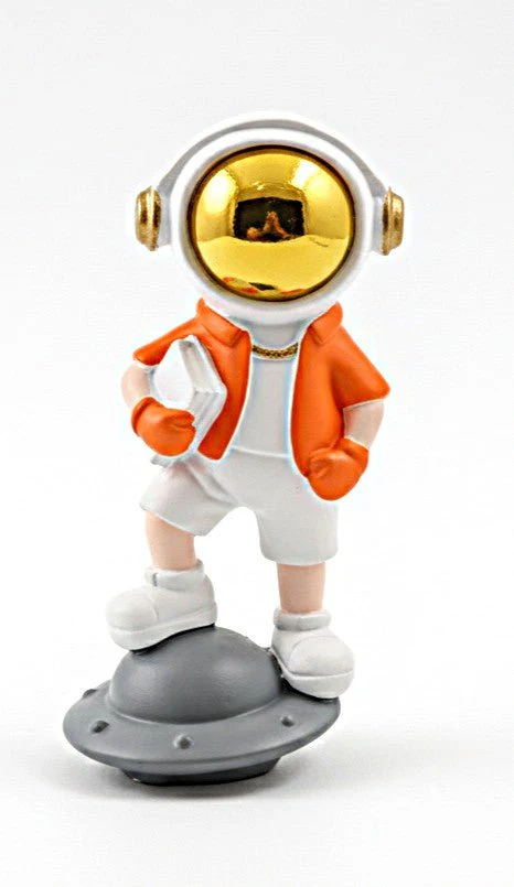 AKDC Stylish Ceramic Astronaut Standing on White & Orange Spaceship Figurine – Contemporary Space Décor 14 cm