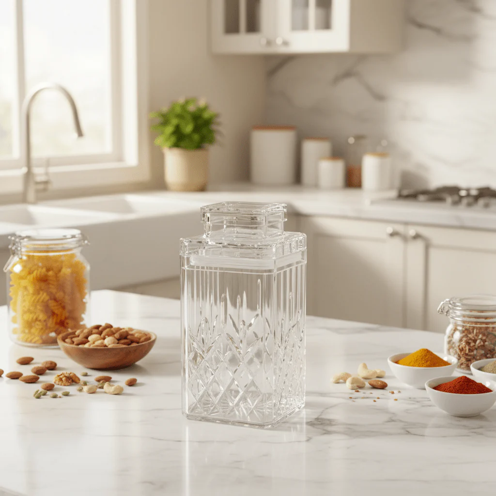 AKDC Stylish Diamond Cut Clear Acrylic Storage Canister with Lid for Pantry Storage 14 × 8 cm - Image 2