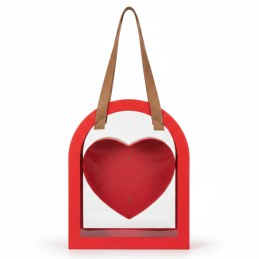 AKDC Stylish Red Arch Frame Heart Cardboard Gift Box with Clear Cover & Faux Leather Handles for Romantic Hampers & Special Occasions