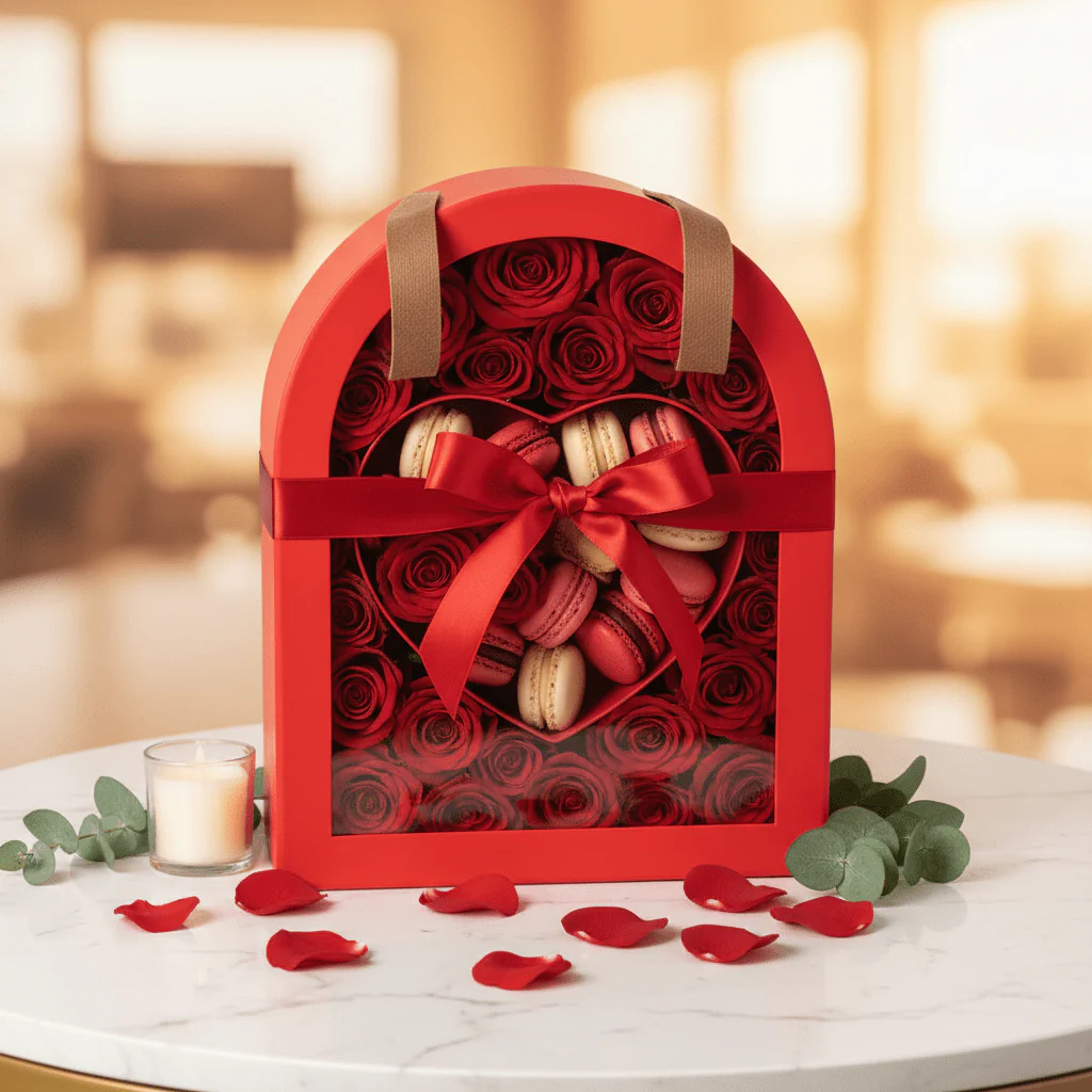 AKDC Stylish Red Arch Frame Heart Cardboard Gift Box with Clear Cover & Faux Leather Handles for Romantic Hampers & Special Occasions - Image 2