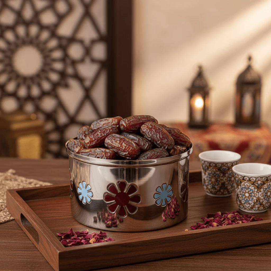 AKDC Stylish Round Metal Dates Container 20×12 cm Elegant Storage Bowl for Dates & Dry Fruits - Image 3