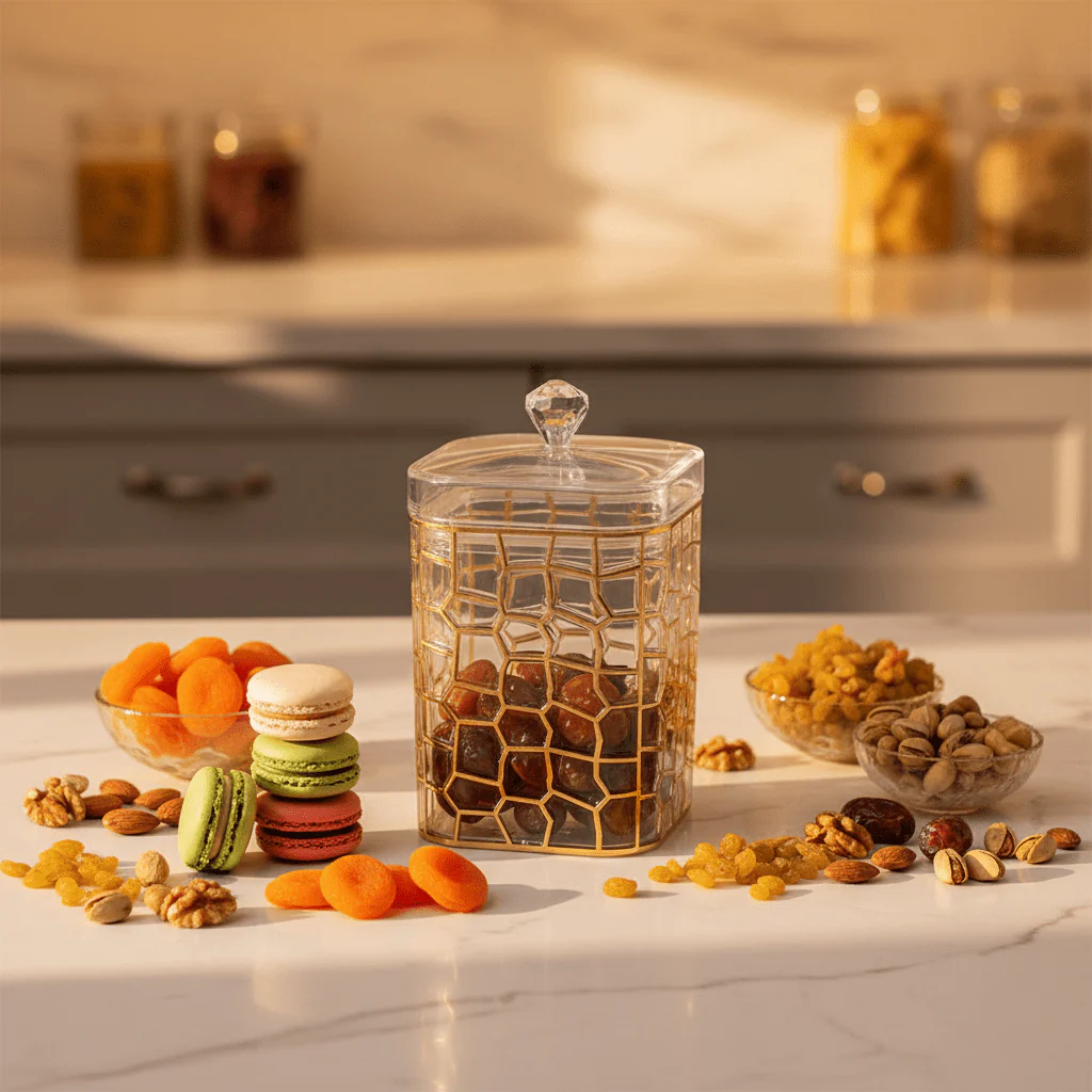 AKDC Tall Gold Accent Acrylic Storage Canister with Lid for Pantry Organization 17 × 12 cm - Image 2