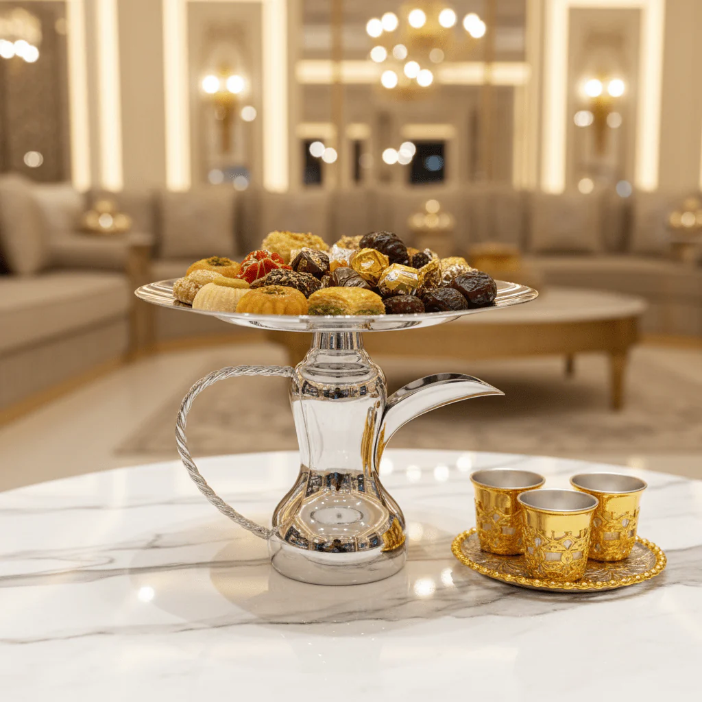 AKDC Traditional Silver Candy Tray with Classic Dallah Base for Authentic Arabic Serving Style – 26×21 cm - Image 2