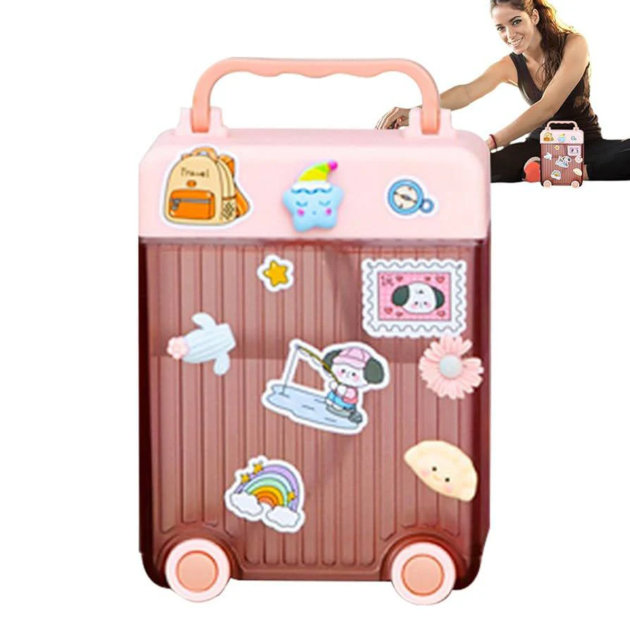 AKDC Transparent Plastic Water Bottle 450ml with Stickers, Trolly Design, Pink