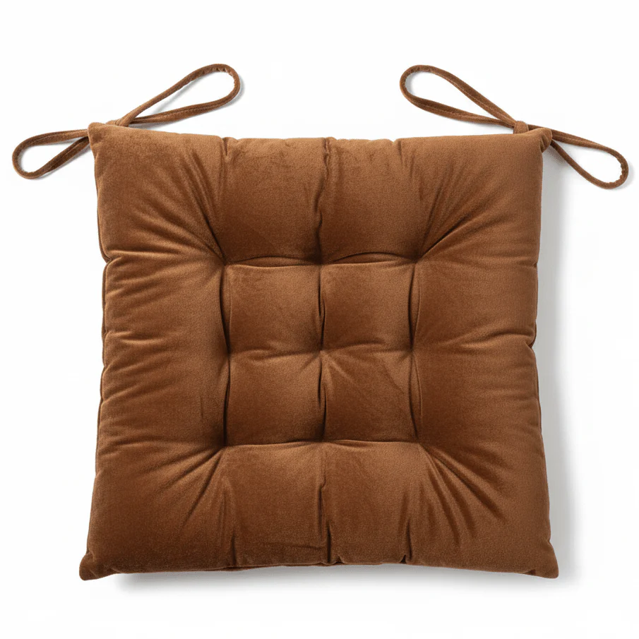 AKDC Tufted Velvet Cinnamon Brown Square Chair Pad with Ties Soft Supportive Cushion for Dining Chairs and Office Use 40 cm
