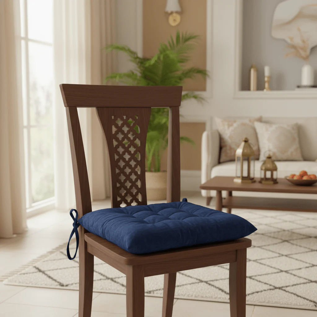 AKDC Tufted Velvet Navy Blue Square Seat Cushion with Ties Elegant Comfortable Chair Pad for Dining and Living Room 40 cm - Image 2
