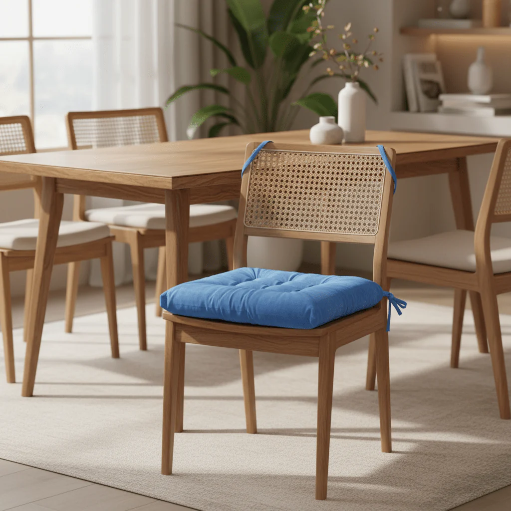AKDC Tufted Velvet Sky Blue Square Seat Cushion with Ties Decorative Comfortable Chair Pad for Home and Dining Chairs 40 cm - Image 2