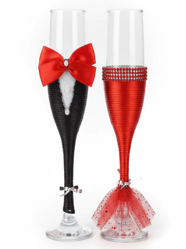 AKDC Wedding Bride & Groom Champagne Flute Glass Set of 2 – Black & Red Design
