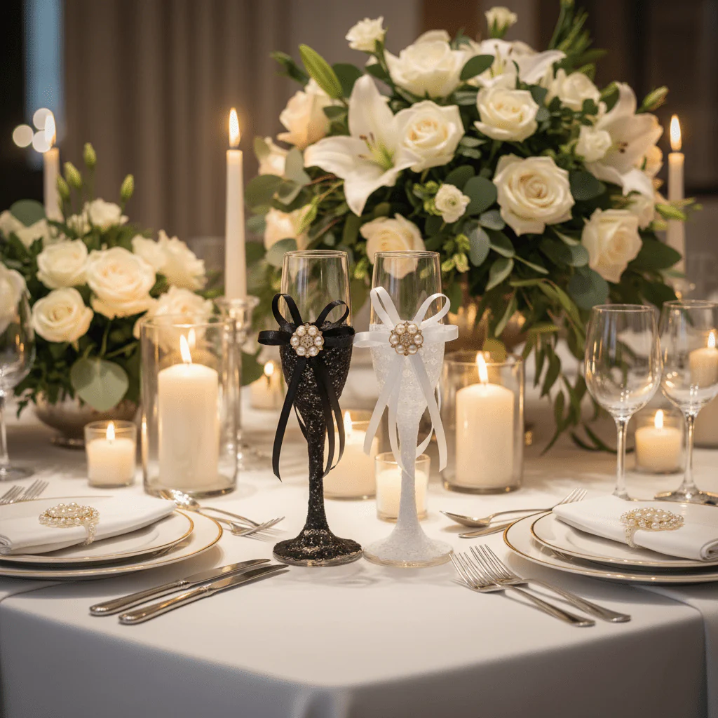 AKDC Wedding Bride & Groom Champagne Flute Glass Set of 2 – Black & White Design - Image 2
