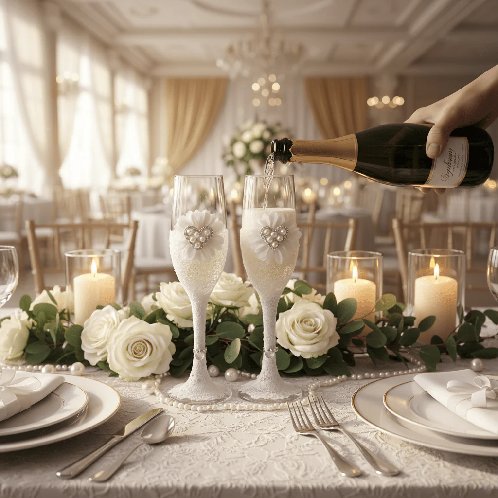 AKDC Wedding Bride & Groom Champagne Flute Glass Set of 2 – Elegant White Design - Image 2