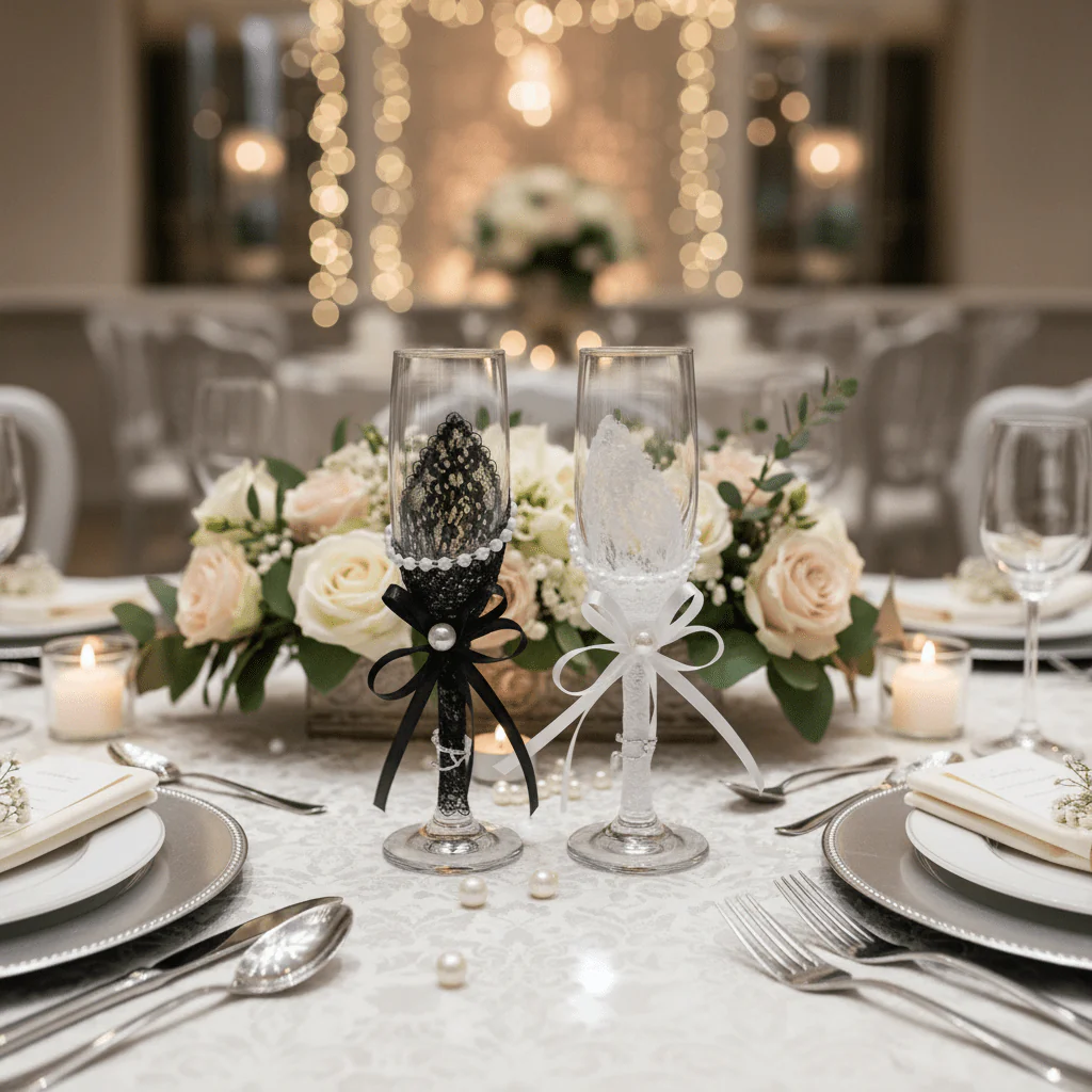 AKDC Wedding Bride & Groom Champagne Flute Glass Set of 2 – White & Black Design - Image 2