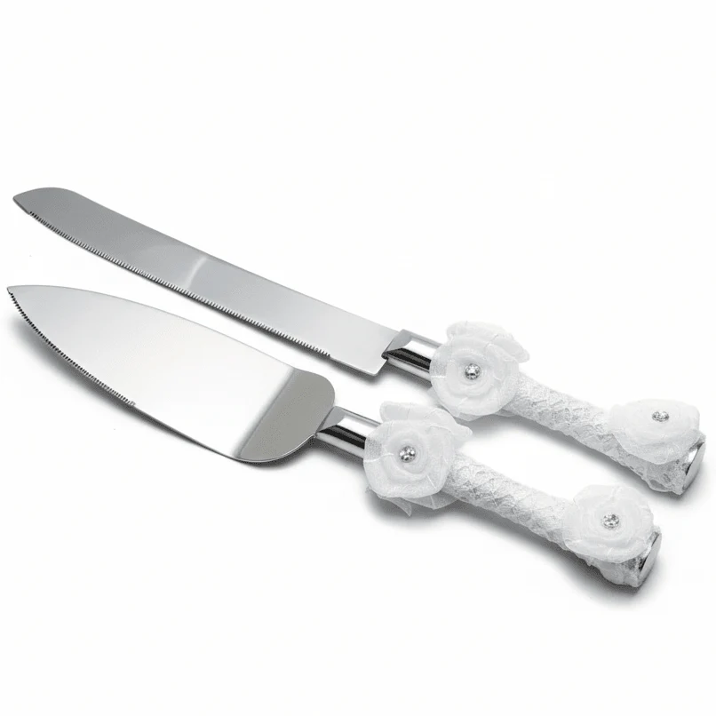 AKDC Wedding Cake Knife & Spatula Server Set – Stainless Steel, White Handle