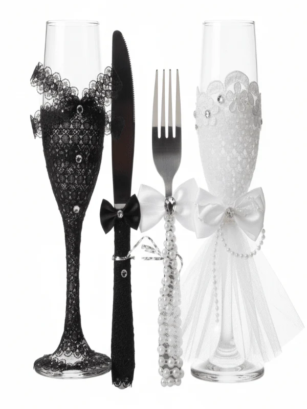 AKDC Wedding Champagne Flute & Cake Server Set – Includes 2 Glasses, Knife & Fork, Black & White