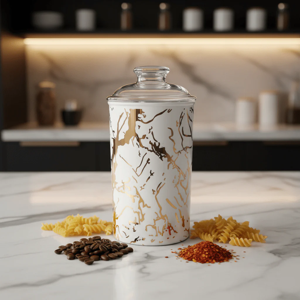 AKDC White and Gold Premium Acrylic Storage Canister with Lid for Modern Kitchen Storage 17 × 10 cm - Image 2