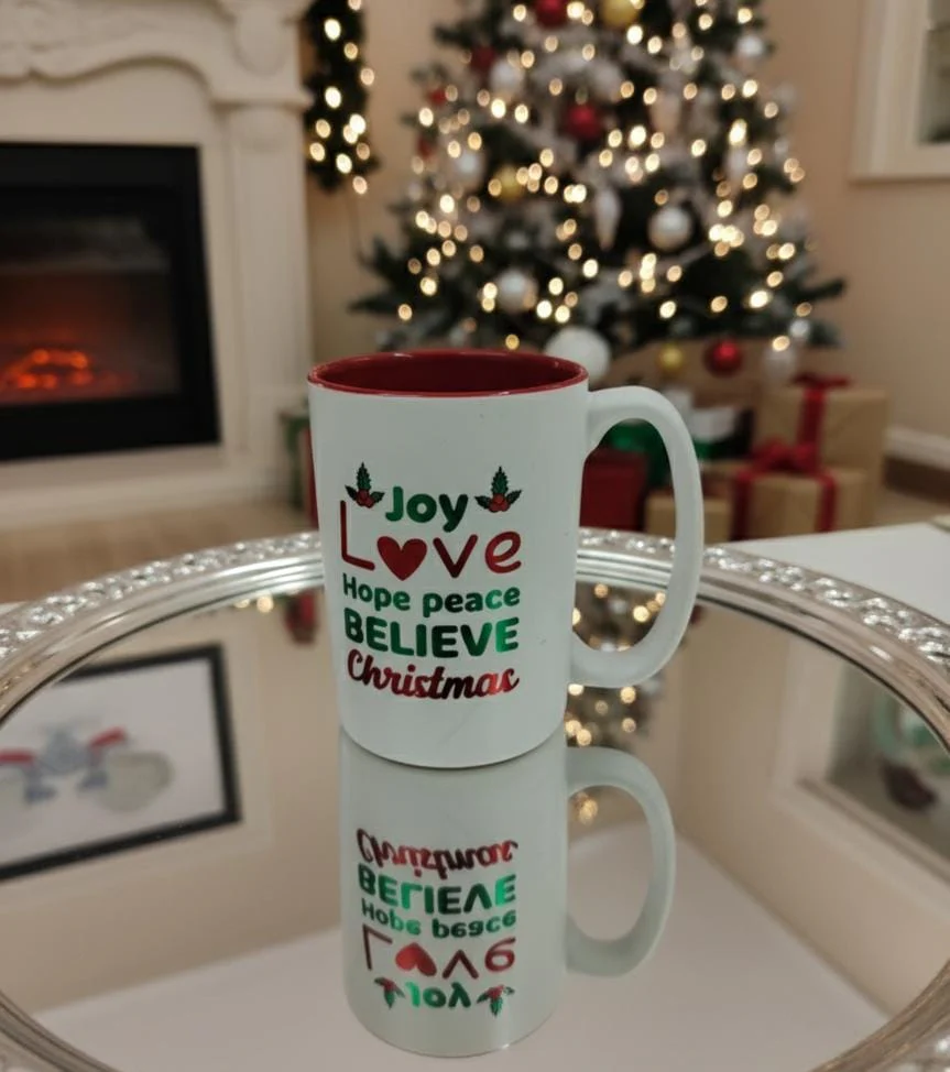 AKDC White Ceramic Christmas Mug 400 ml – Inspirational Joy, Love, Hope, Peace, Believe Holiday Text Design