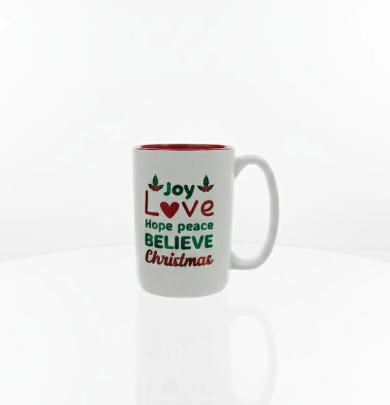 AKDC White Ceramic Christmas Mug 400 ml – Inspirational Joy, Love, Hope, Peace, Believe Holiday Text Design - Image 2