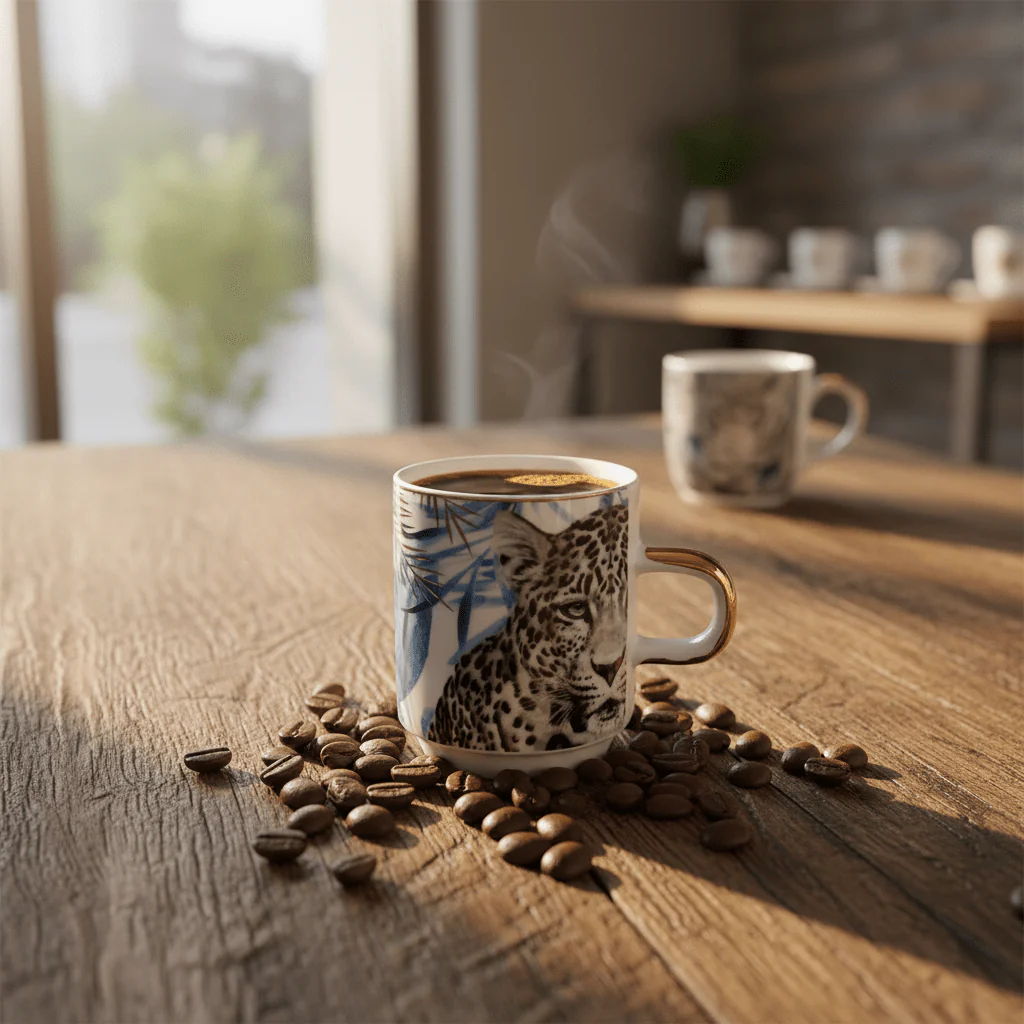 AKDC White Ceramic Mug with Black Tiger Artwork and Premium Gold Handle for Unique Style – 80ml - Image 2
