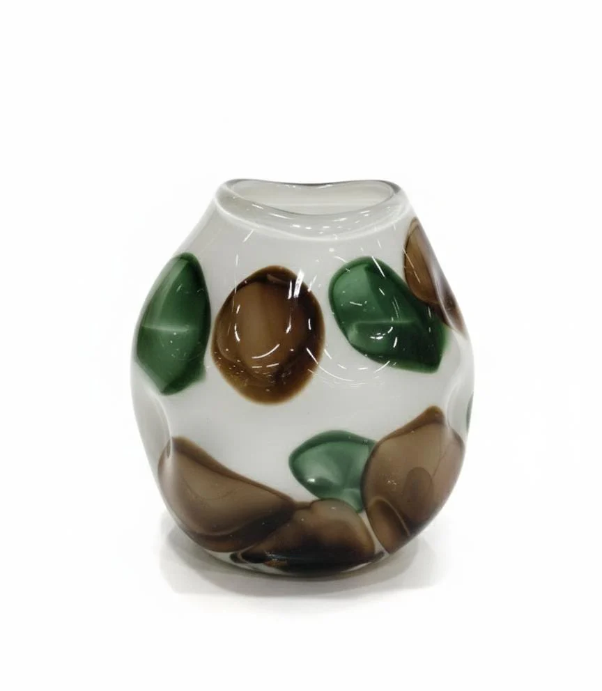 AKDC White Glass Vase with Green & Brown Artistic Accents – Designer Decorative Piece – 21×20 cm