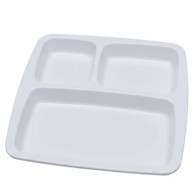 AKDC White Square Melamine 3 Portion Serving Plate 23.5 × 23.5 cm Durable Food Grade Compartment Tray for Home Restaurant Use