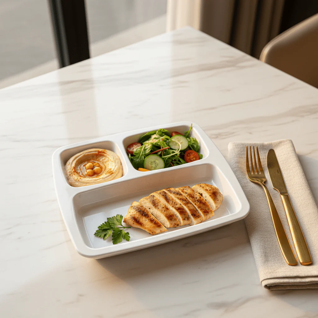 AKDC White Square Melamine 3 Portion Serving Plate 23.5 × 23.5 cm Durable Food Grade Compartment Tray for Home Restaurant Use - Image 2