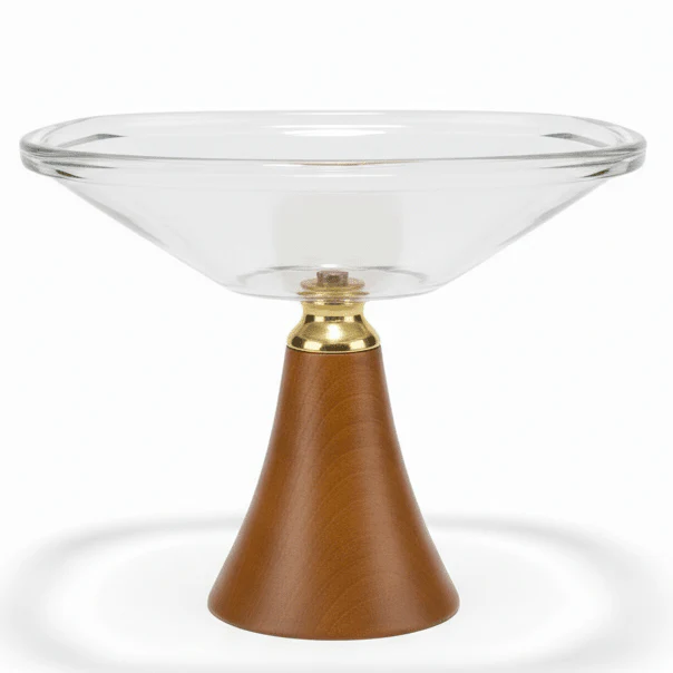 AKDC Wooden Base Footed Glass Fruit Bowl – Decorative Serving Centerpiece for Fruits Desserts & Table Display – 22 cm