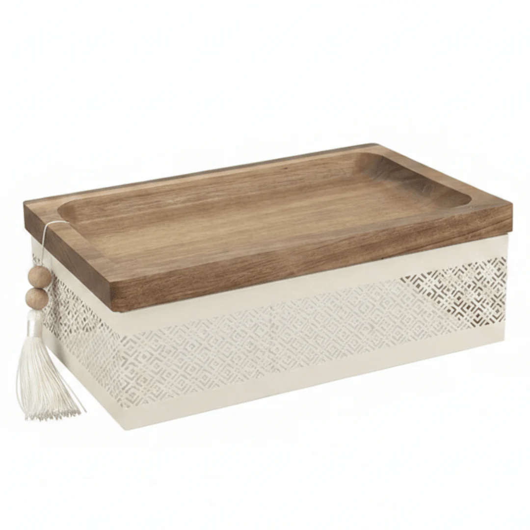 AKDC Rectangle Wooden Candy Tray with Cream Metal Base – Stylish Dessert & Snack Serving Tray – 28 × 18 cm