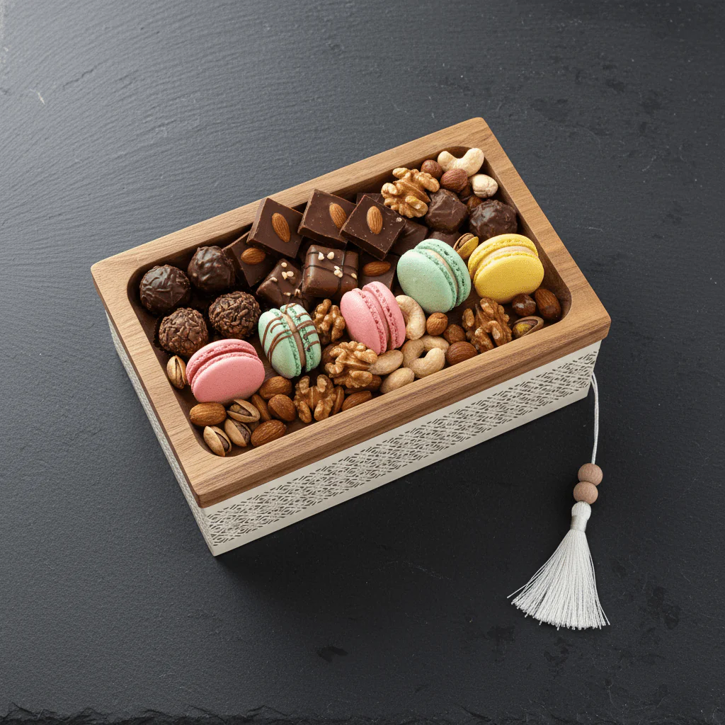 AKDC Rectangle Wooden Candy Tray with Cream Metal Base – Stylish Dessert & Snack Serving Tray – 28 × 18 cm - Image 3