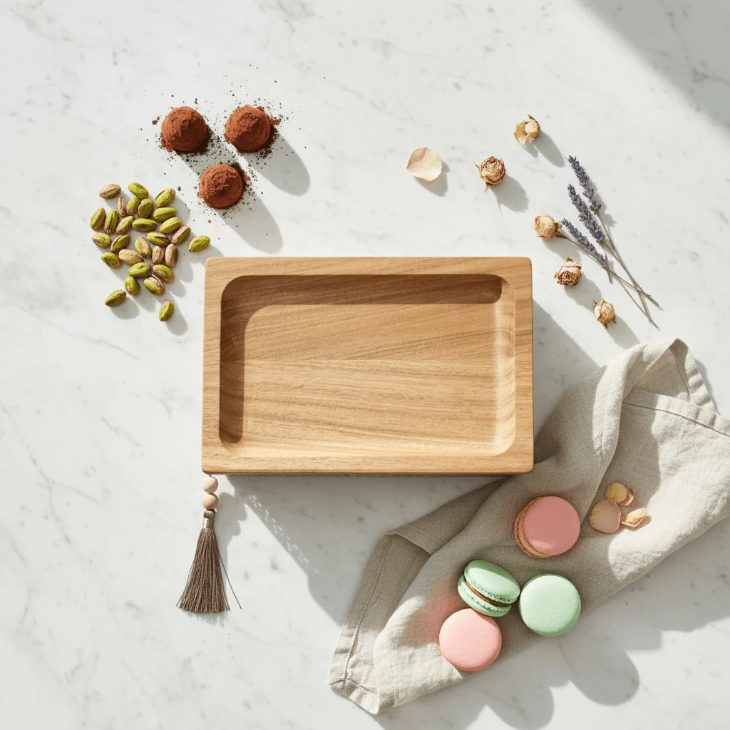 AKDC Rectangle Wooden Candy Tray with Mauve Taupe Metal Base – Rustic & Modern Dessert Serving Tray – 28 × 18 cm - Image 2