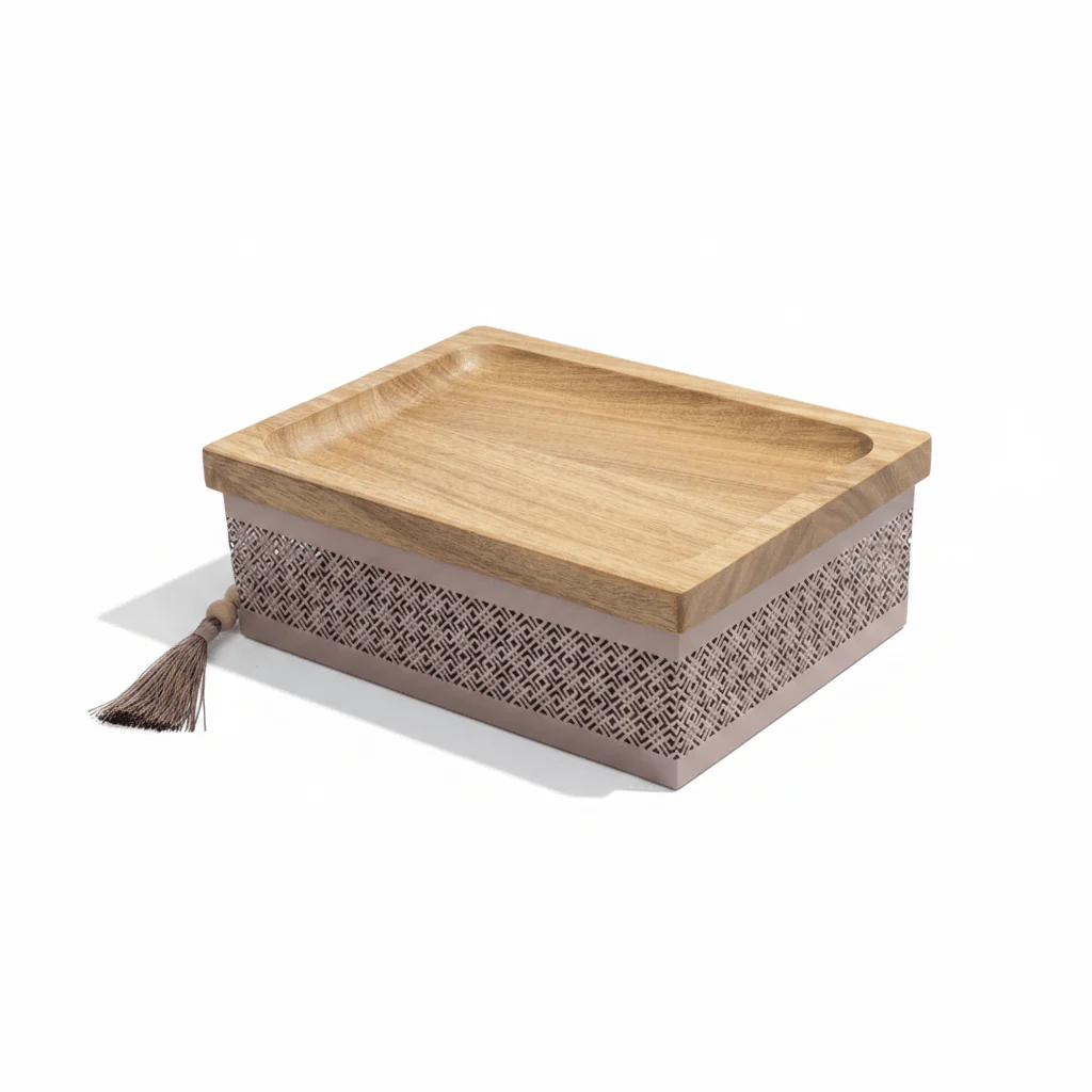 AKDC Rectangle Wooden Candy Tray with Mauve Taupe Metal Base – Rustic & Modern Dessert Serving Tray – 28 × 18 cm - Image 3