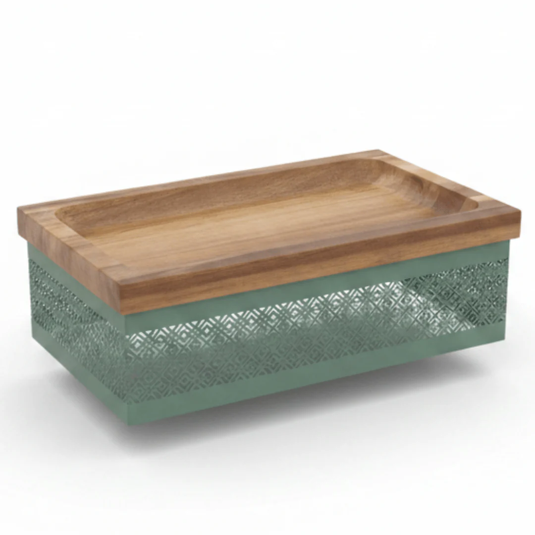 AKDC Rectangle Wooden Candy Tray with Sage Green Metal Base – Decorative Serving Tray for Desserts & Snacks – 28 × 18 cm