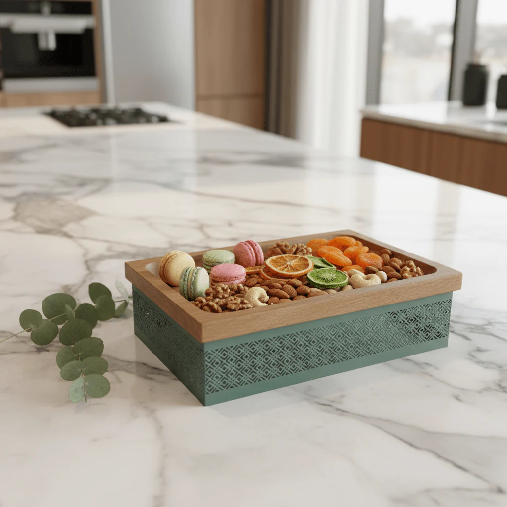AKDC Rectangle Wooden Candy Tray with Sage Green Metal Base – Decorative Serving Tray for Desserts & Snacks – 28 × 18 cm - Image 2