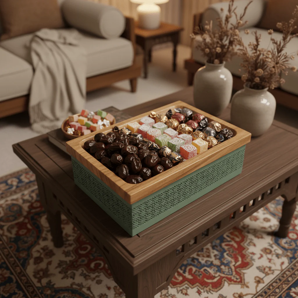 AKDC Rectangle Wooden Candy Tray with Sage Green Metal Base – Decorative Serving Tray for Desserts & Snacks – 28 × 18 cm - Image 3