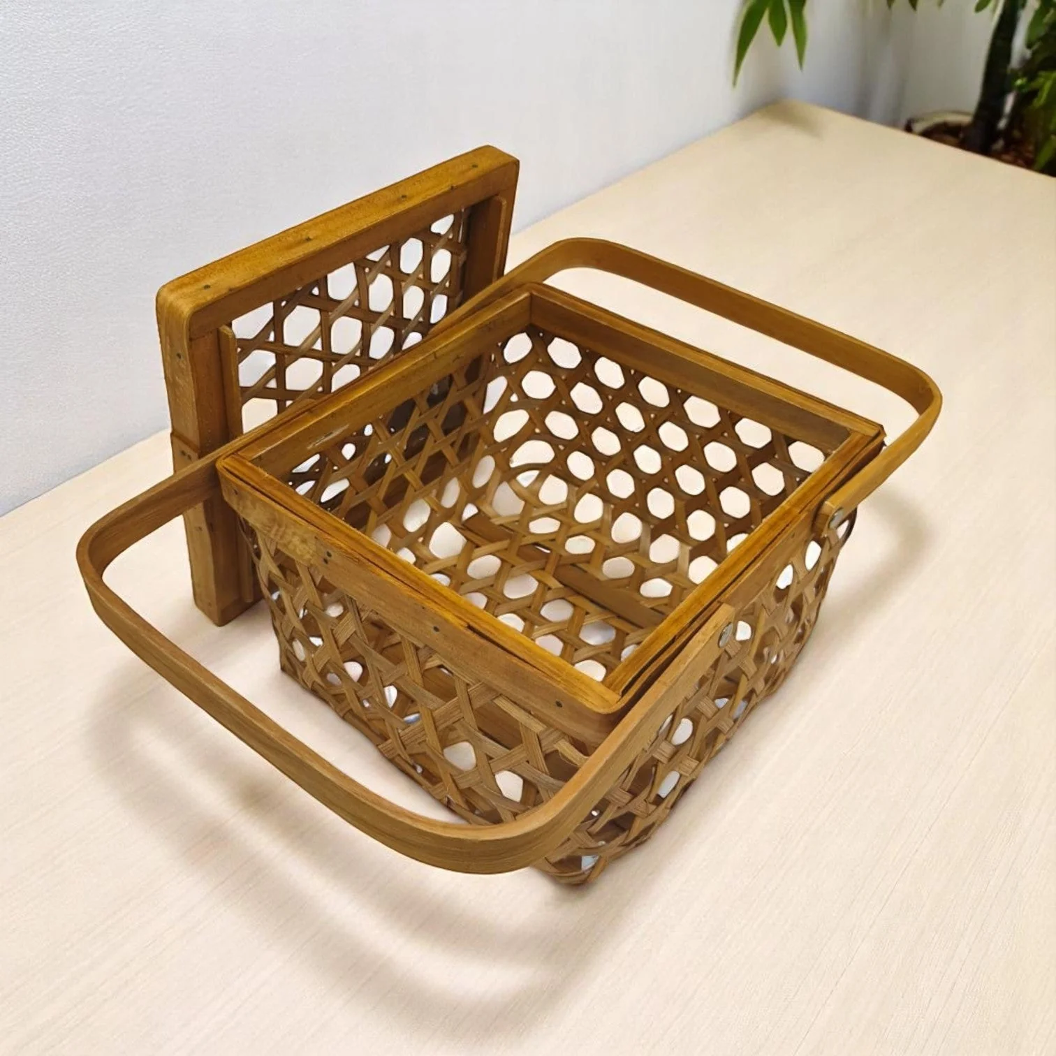 AKDC Wooden Picnic Storage Boxes With Handle Beige Wicker for Shelf Organizer DÃ©cor-20cmX16cm-(Beige)