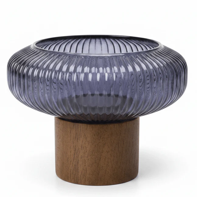 AKDC Wooden Footed Purple Glass Candy Bowl for Dry Fruits, Nuts & Table Decoration 15 × 15 cm