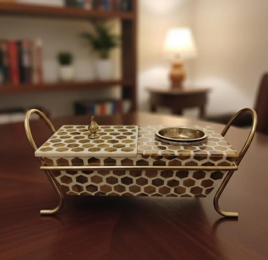 AKDC Wooden Incense Burner with Container & Metal Stand 34x15 cm – Premium Brown & Cream Aromatherapy Set for Living Room & Prayer Space