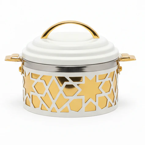 Al Habbai Elegant White & Gold Insulated Hot Pot for Food Storage, Heat Retention & Serving – 17x13cm