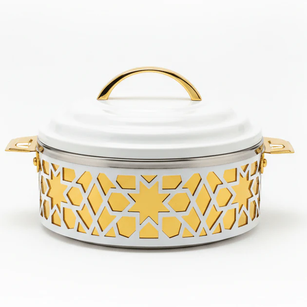 Al Habbai Premium Stainless Steel Thermal Hot Pot – Gold & White Metal Finish Insulated Food Container 18×8 cm