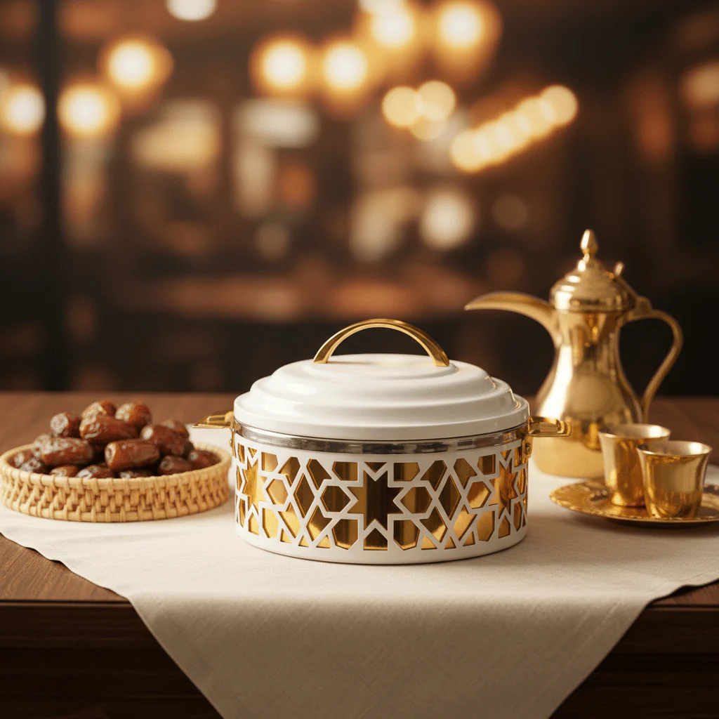 Al Habbai Premium Stainless Steel Thermal Hot Pot – Gold & White Metal Finish Insulated Food Container 18×8 cm - Image 2