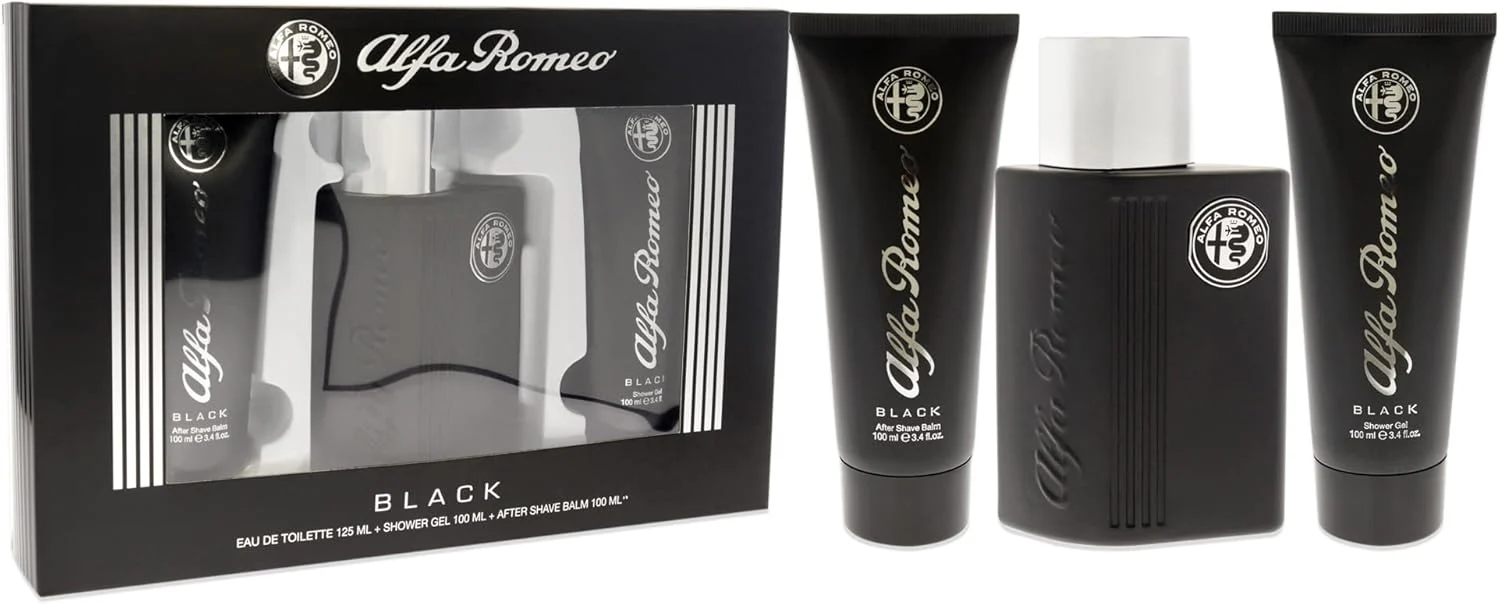 Alfa Romeo Alfa Romeo Black 4.2 oz EDT Spray, 3.4oz Shower Gel, 3.4oz After Shave Balm Men 3Pcs Gift Set