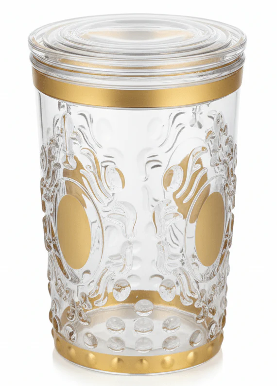 Alhoora Luxury Round Airtight Acrylic Storage Canister – Transparent Body with Elegant Golden Decorative Design, 1000 ml