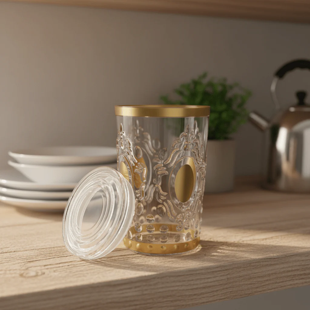 Alhoora Luxury Round Airtight Acrylic Storage Canister – Transparent Body with Elegant Golden Decorative Design, 1000 ml - Image 4