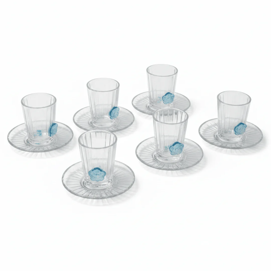 Almarjan 12-Piece Glass Tea Set with Elegant Blue Floral Design for Serving Tea & Guests – 150 ml Cups