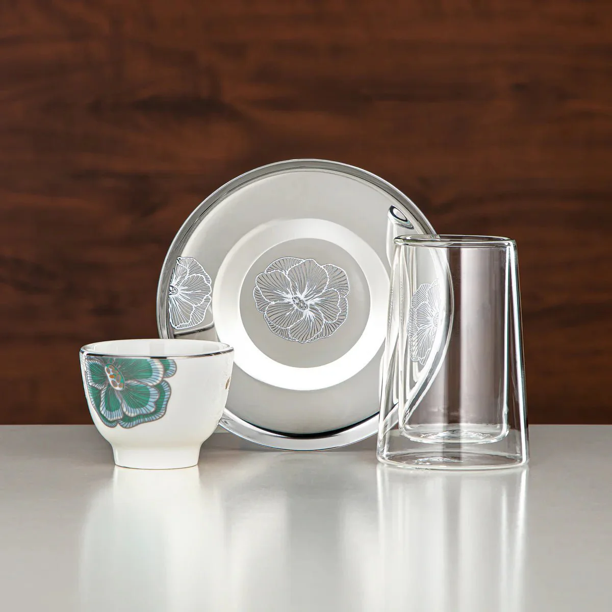 Almarjan 18-Piece Double-Walled Green Floral Tea & Cawa Cup Set – Premium Porcelain & Steel (12257-3)