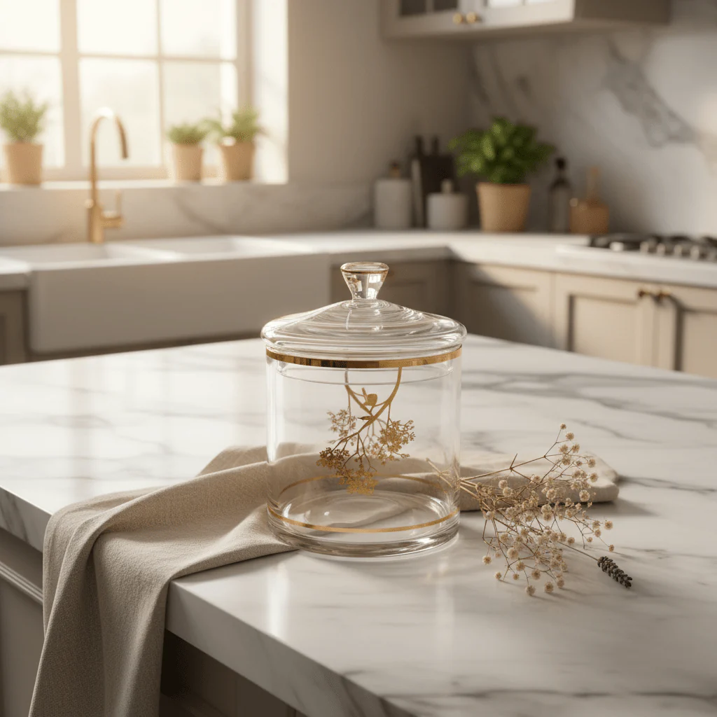 Almarjan Gold Botanical Lidded Glass Jar — Timeless Elegance for the Modern Home | 12.5×12.5cm - Image 2