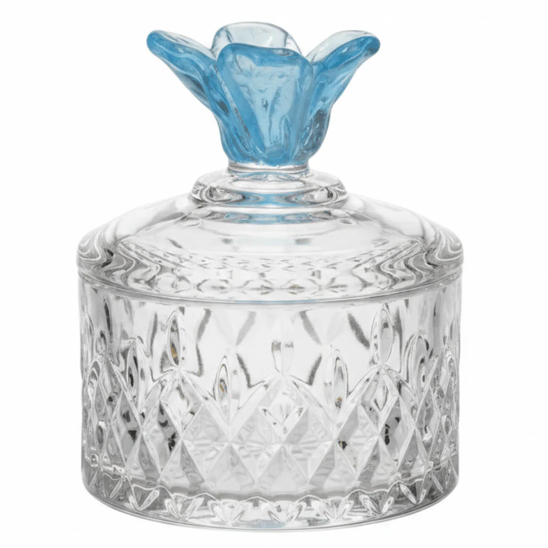 Almarjan Decorative Diamond-Cut Glass Candy Bowl with Blue Flower Design Lid for Gifting & Serving – 10 × 10 cm