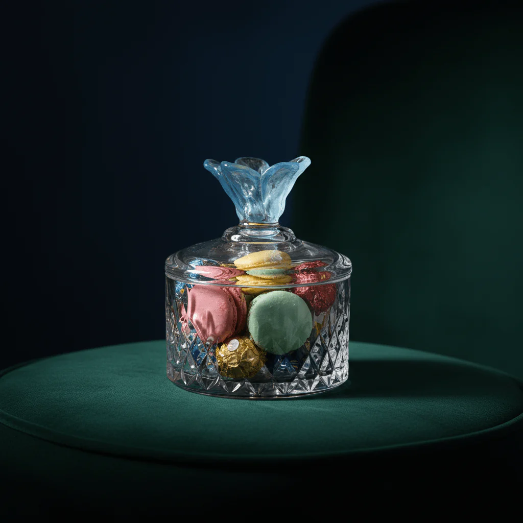 Almarjan Decorative Diamond-Cut Glass Candy Bowl with Blue Flower Design Lid for Gifting & Serving – 10 × 10 cm - Image 2