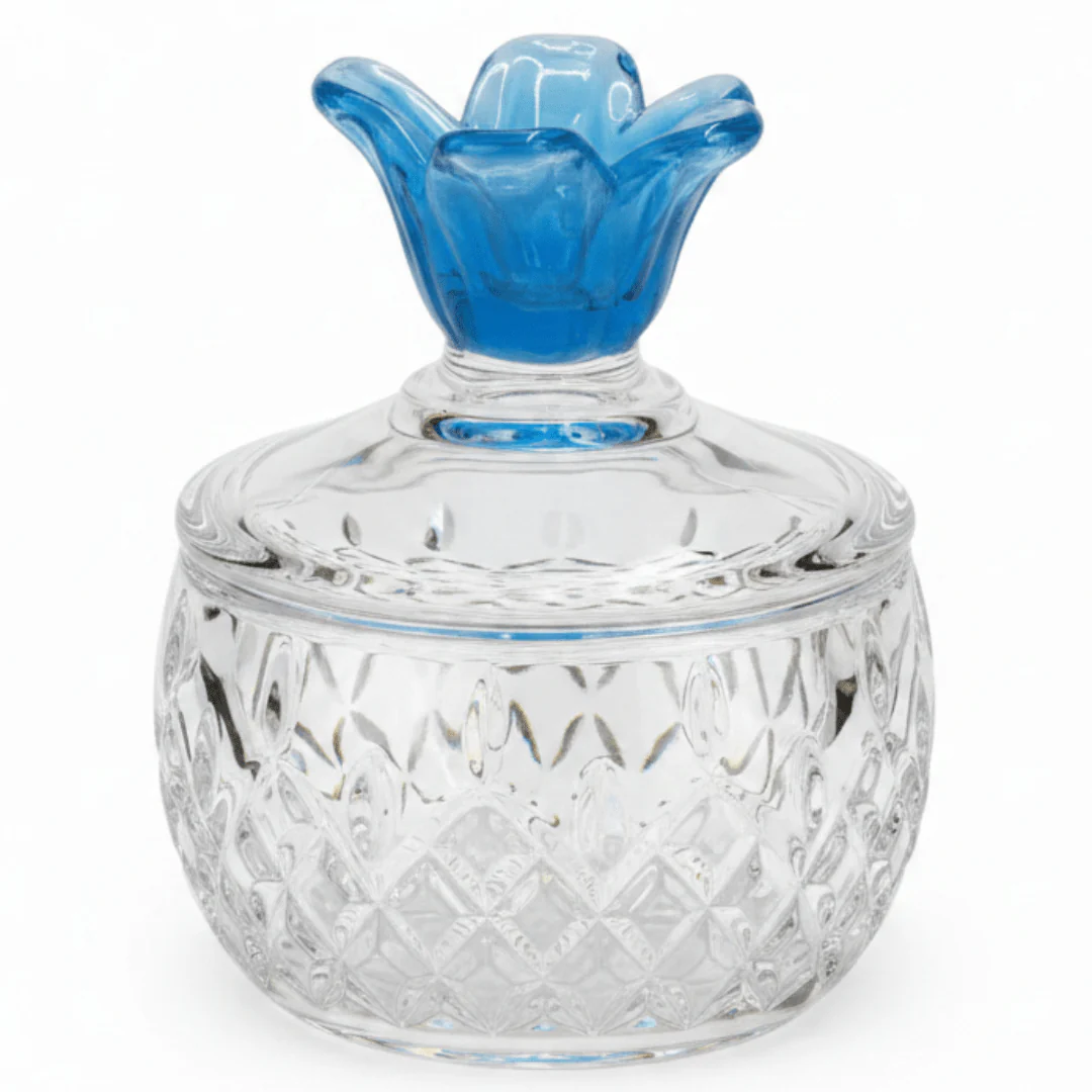 Almarjan Diamond-Cut Glass Candy Bowl with Decorative Blue Floral Lid for Luxury Table Display – 11 × 10 cm