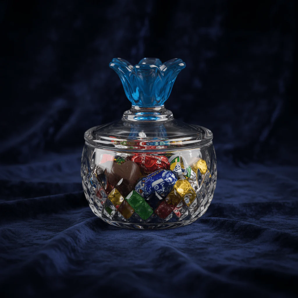 Almarjan Diamond-Cut Glass Candy Bowl with Decorative Blue Floral Lid for Luxury Table Display – 11 × 10 cm - Image 4