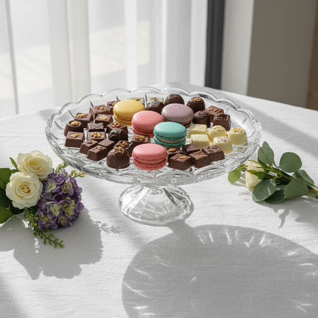 Almarjan Diamond-Cut Glass Candy Serving Tray with Blue Floral Dome Lid for Elegant Presentation – 31 × 12 cm - Image 3