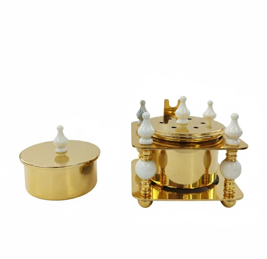 ALMARJAN Elegant Ceramic Incense Burner with Matching Container – White and Gold Decorative Aroma Holder for Home Fragrance, Meditation, and Gift Use 13x10 cm